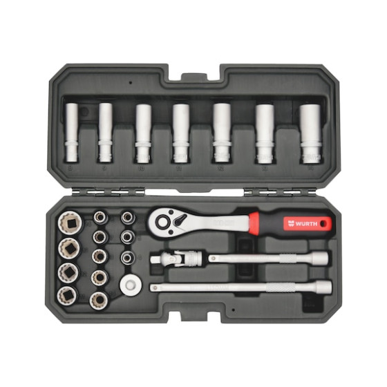 Фото - 1 - Набір головок торцевих з тріскачкою, 1/4IN, 12-гр., 24 шт., RED STRIPE